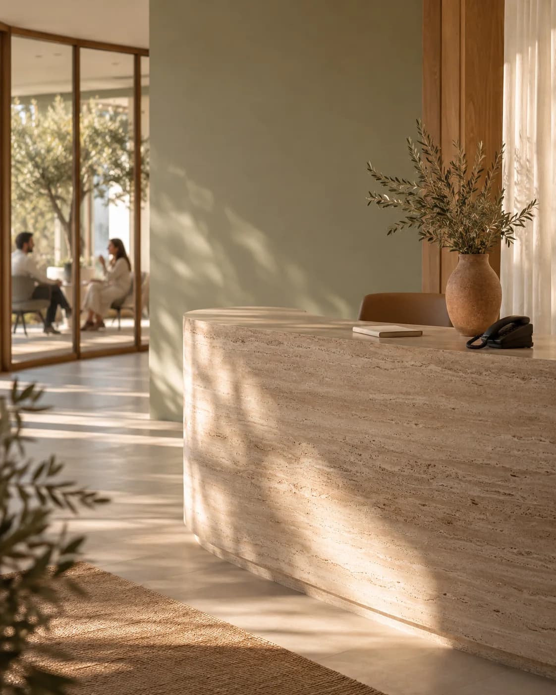 A welcoming sunlit studio reception with a telephone and a conversation in the background