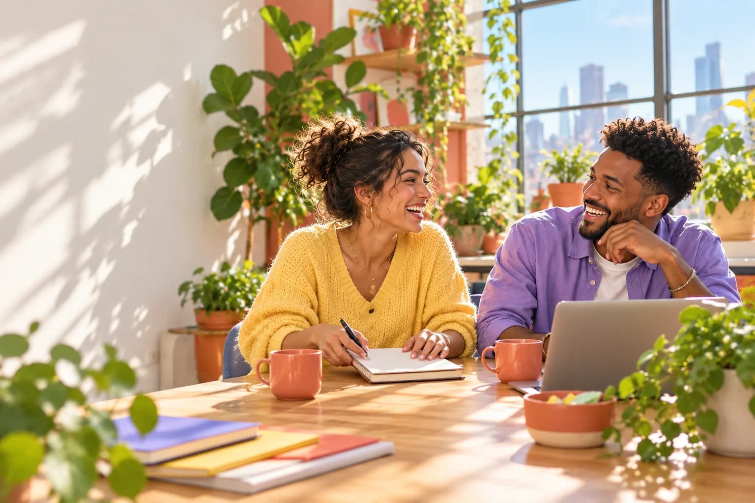 A consultant and client laughing at the end of a conversation in a bright workspace