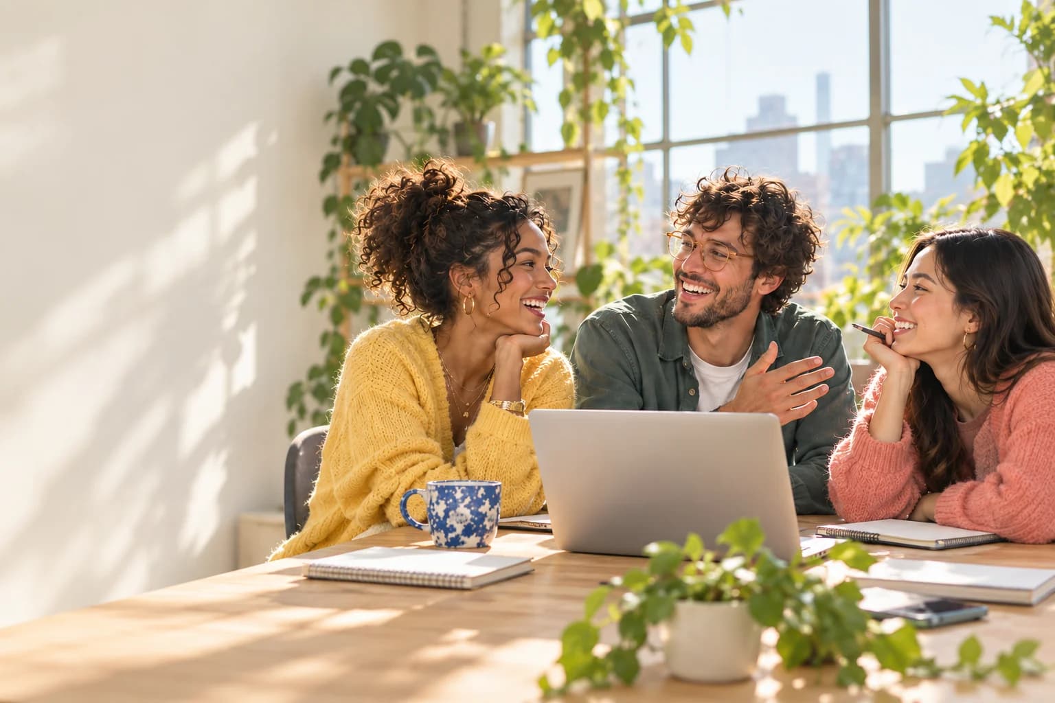Three professionals sharing a warm conversation around a laptop in a sunlit studio.