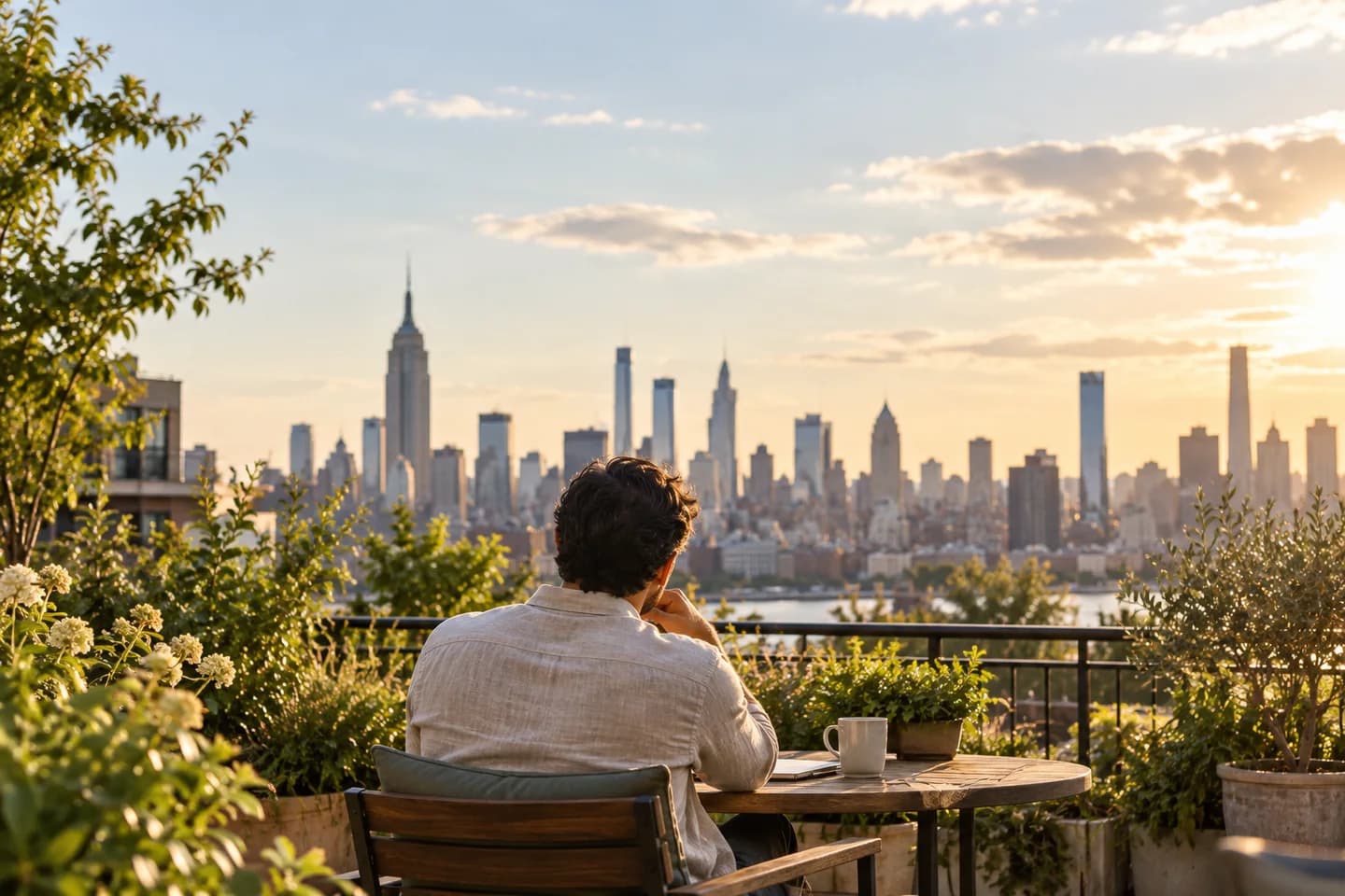 A professional reflecting on a leafy rooftop terrace overlooking a city skyline.