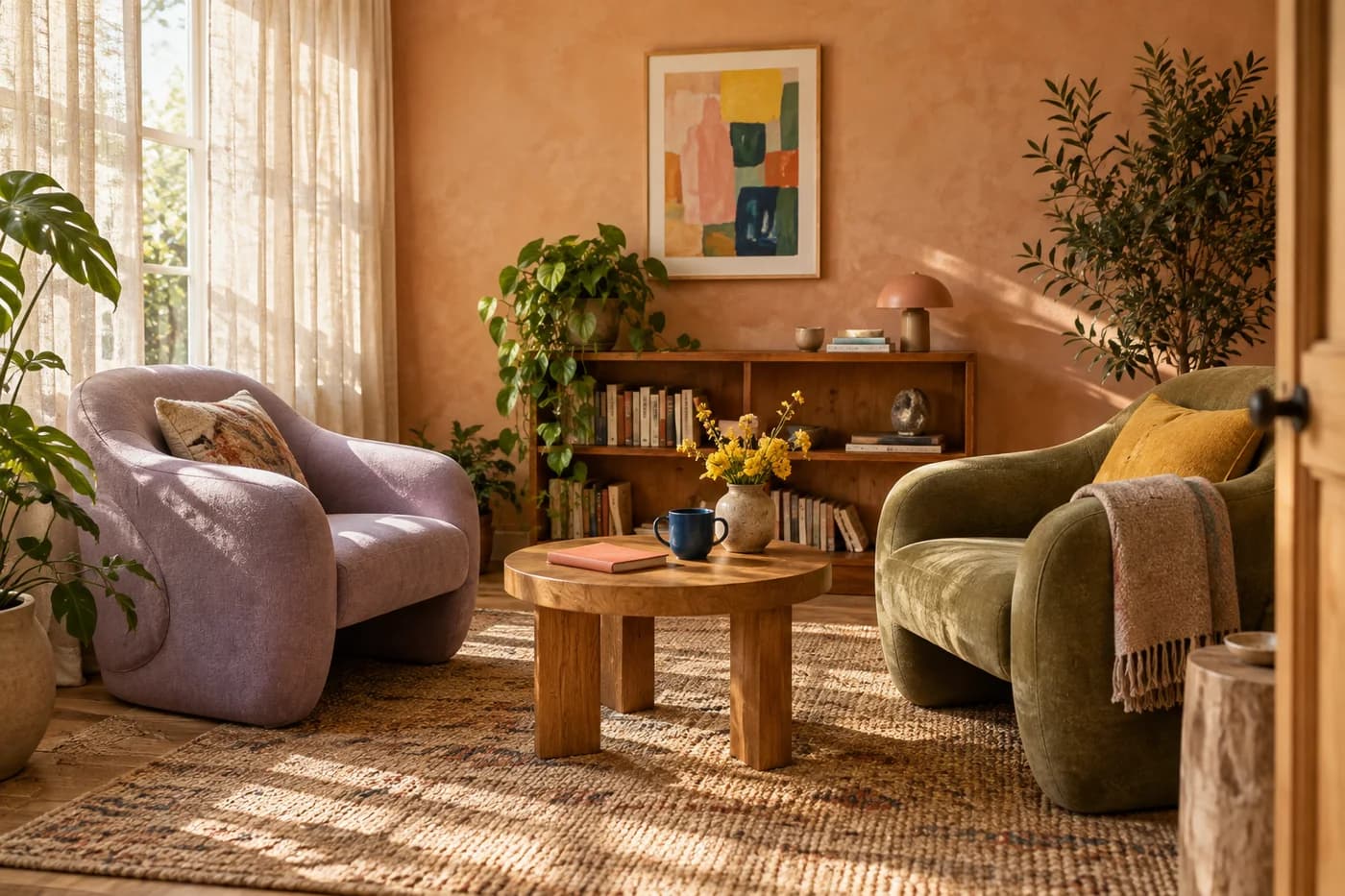 Lilac and olive armchairs in a colorful therapy room, with a notebook and flowers on a small table.
